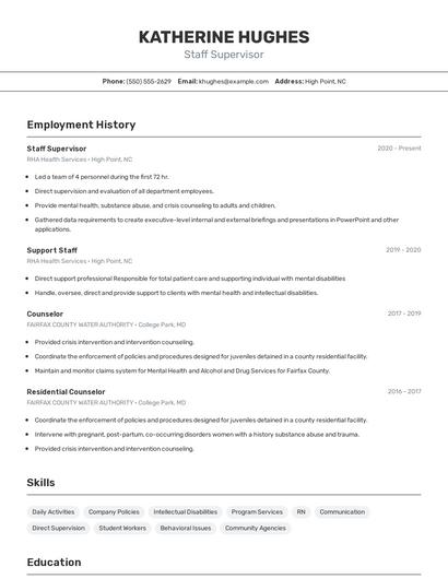 Staff Supervisor Resume