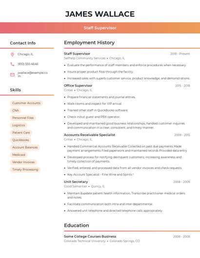 Staff Supervisor Resume