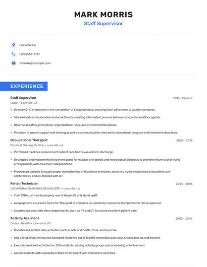 Staff Supervisor Resume