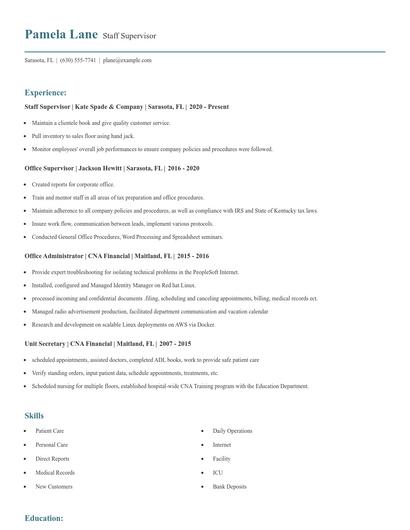 Staff Supervisor Resume