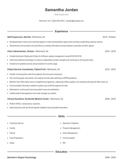 Staff Supervisor Resume