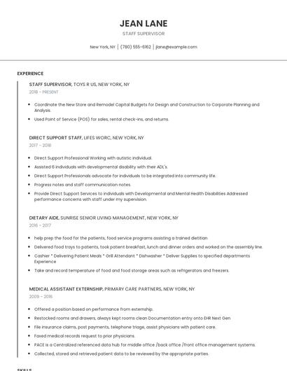 Staff Supervisor Resume
