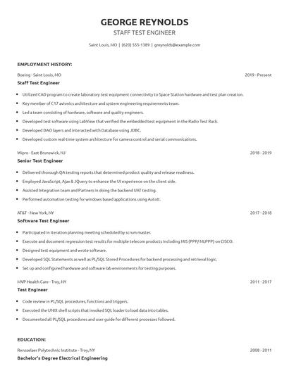 Staff Test Engineer Resume
