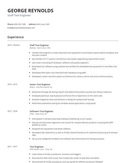 Staff Test Engineer Resume