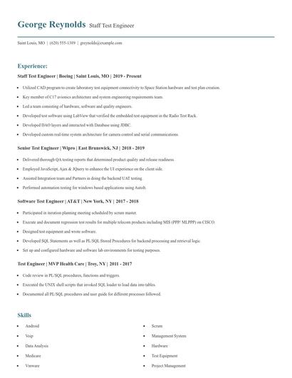 Staff Test Engineer Resume