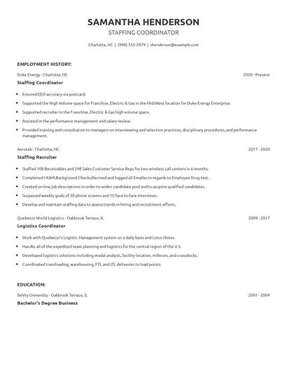 Staffing Coordinator Resume