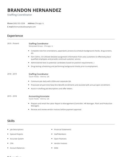Staffing Coordinator Resume