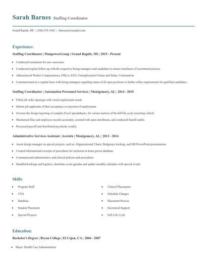 Staffing Coordinator Resume