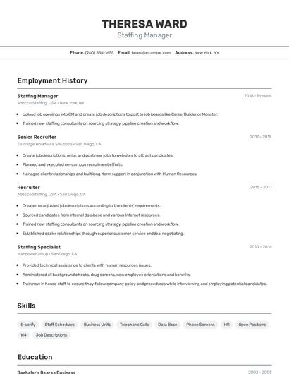 Staffing Manager Resume