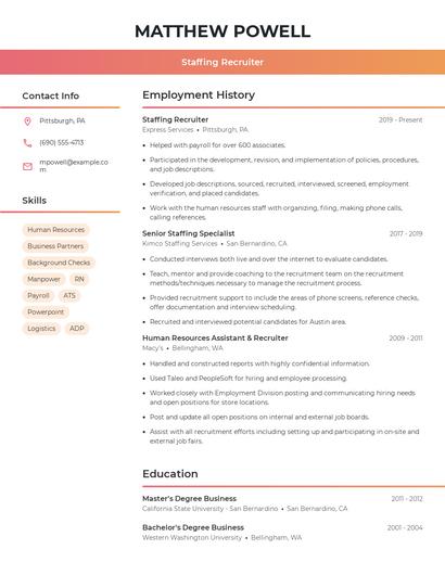 Staffing Recruiter Resume