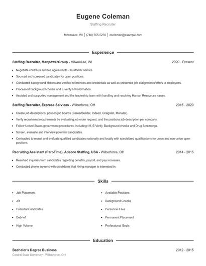 Staffing Recruiter Resume