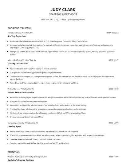 Staffing Supervisor Resume