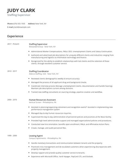 Staffing Supervisor Resume