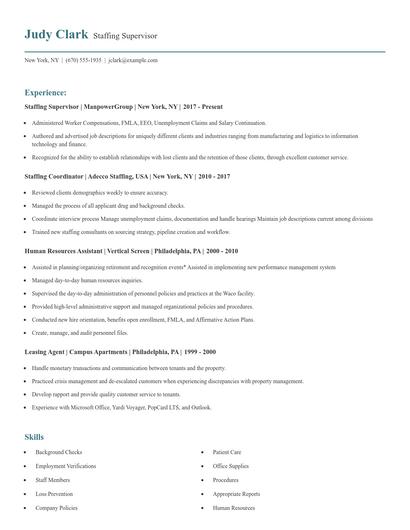 Staffing Supervisor Resume