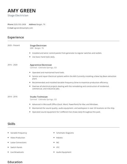 Stage Electrician Resume