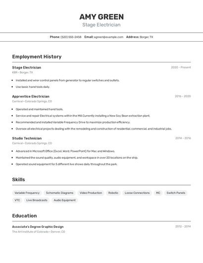 Stage Electrician Resume