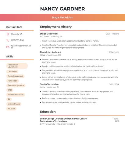 Stage Electrician Resume