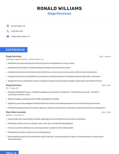Stage Electrician Resume