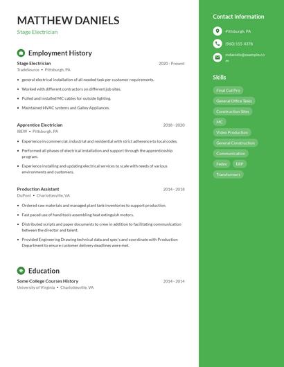 Stage Electrician Resume