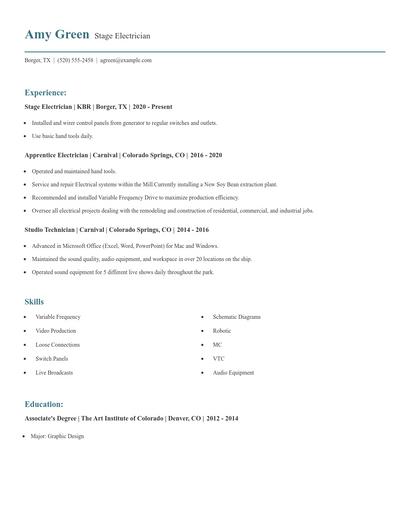 Stage Electrician Resume