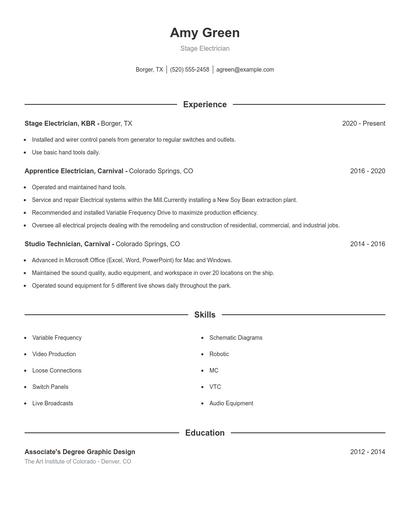 Stage Electrician Resume
