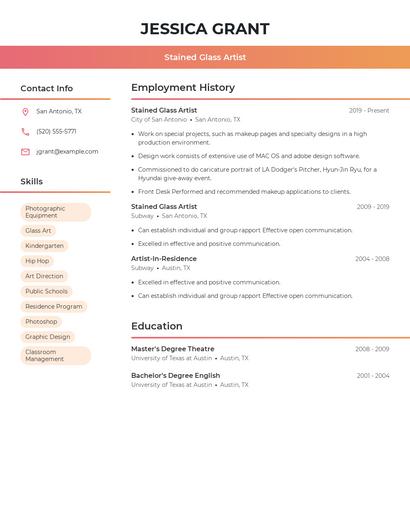Stained Glass Artist Resume