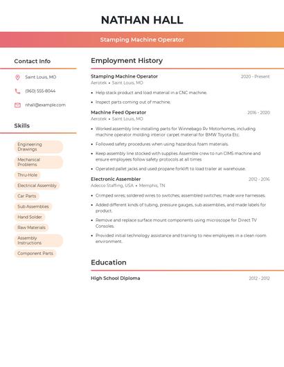 Stamping Machine Operator Resume