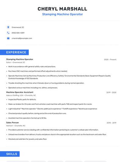 Stamping Machine Operator Resume