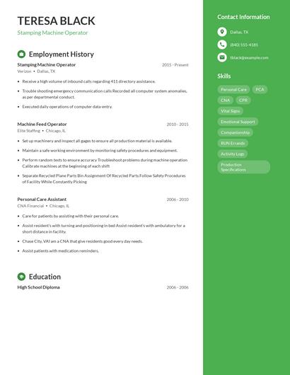 Stamping Machine Operator Resume