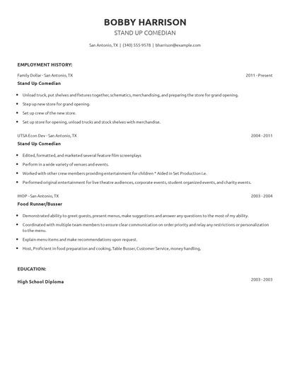 Stand Up Comedian Resume