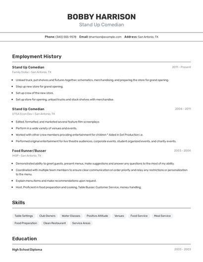 Stand Up Comedian Resume