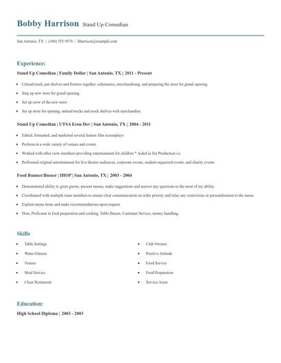 Stand Up Comedian Resume