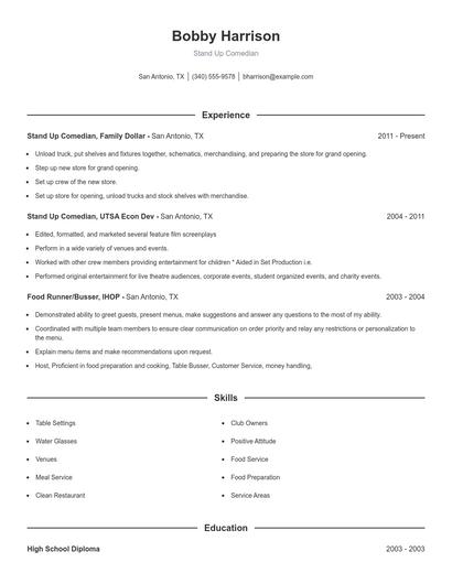 Stand Up Comedian Resume