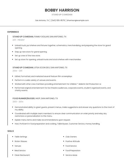 Stand Up Comedian Resume
