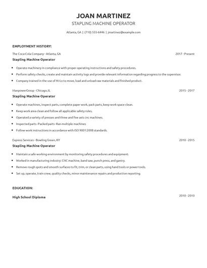 Stapling Machine Operator Resume
