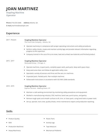 Stapling Machine Operator Resume