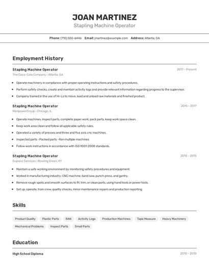 Stapling Machine Operator Resume