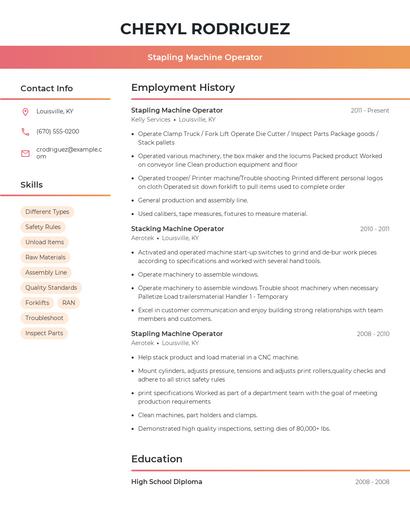 Stapling Machine Operator Resume
