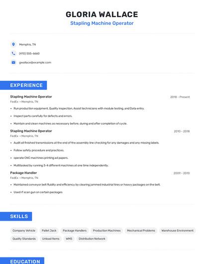 Stapling Machine Operator Resume