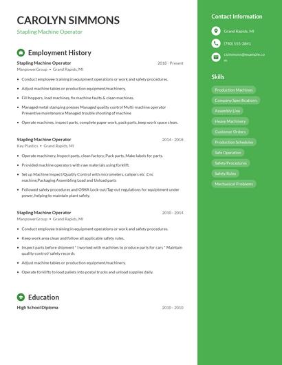Stapling Machine Operator Resume