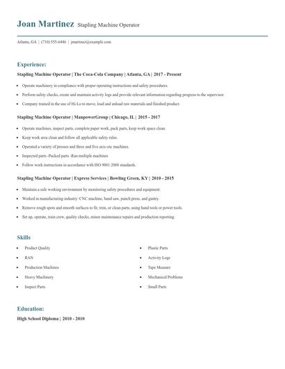 Stapling Machine Operator Resume
