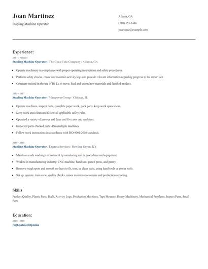 Stapling Machine Operator Resume