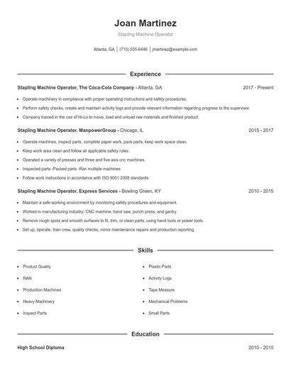 Stapling Machine Operator Resume
