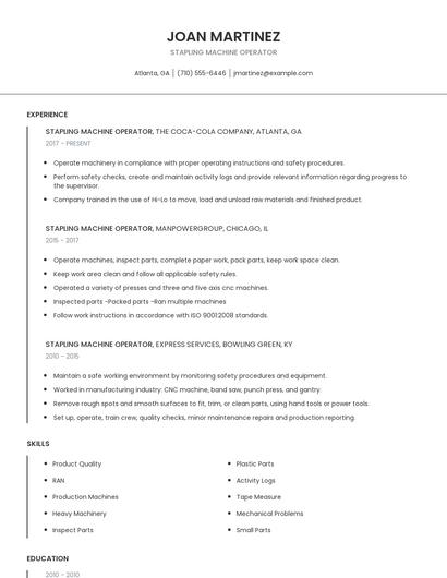 Stapling Machine Operator Resume