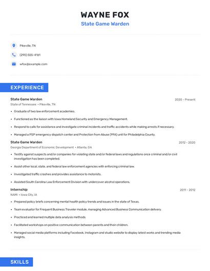 State Game Warden Resume