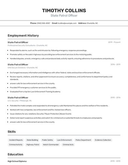 State Patrol Officer Resume