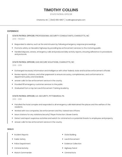 State Patrol Officer Resume
