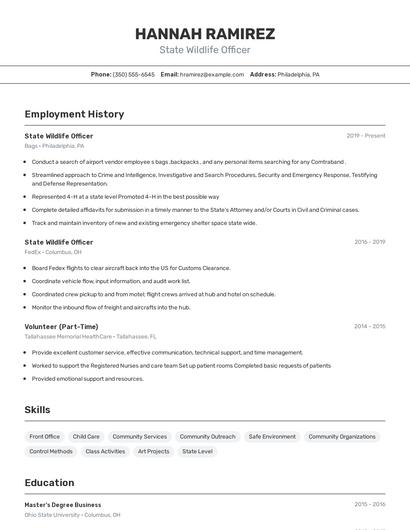 State Wildlife Officer Resume