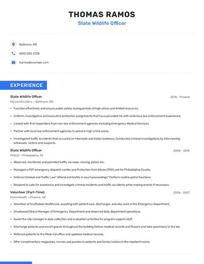 State Wildlife Officer Resume