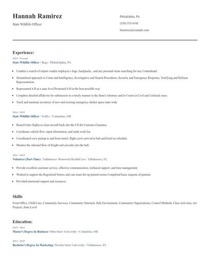 State Wildlife Officer Resume